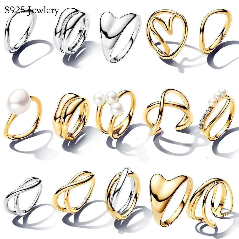 2025 NEW 2024 New 925 Sterling Silver Organically Shaped Stacking Rings Heart Two-Tone Entwined Bands Ring Fit Women Gifts