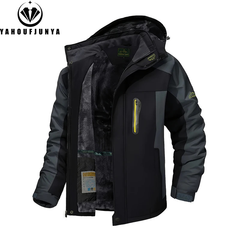9XL Winter Men Outwear Fleece Warm Removable Hooded Jacket Outdoor Skiing Windbreaker Waterproof Casual Coat Male 250807