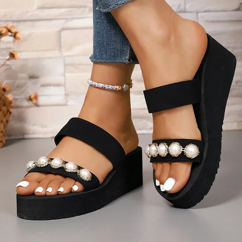 Pearls Womens Wedge Slippers Summer Chunky Platform Slip On Sandals Women Beach Casual Heels Slides Flip Flops 42 250806