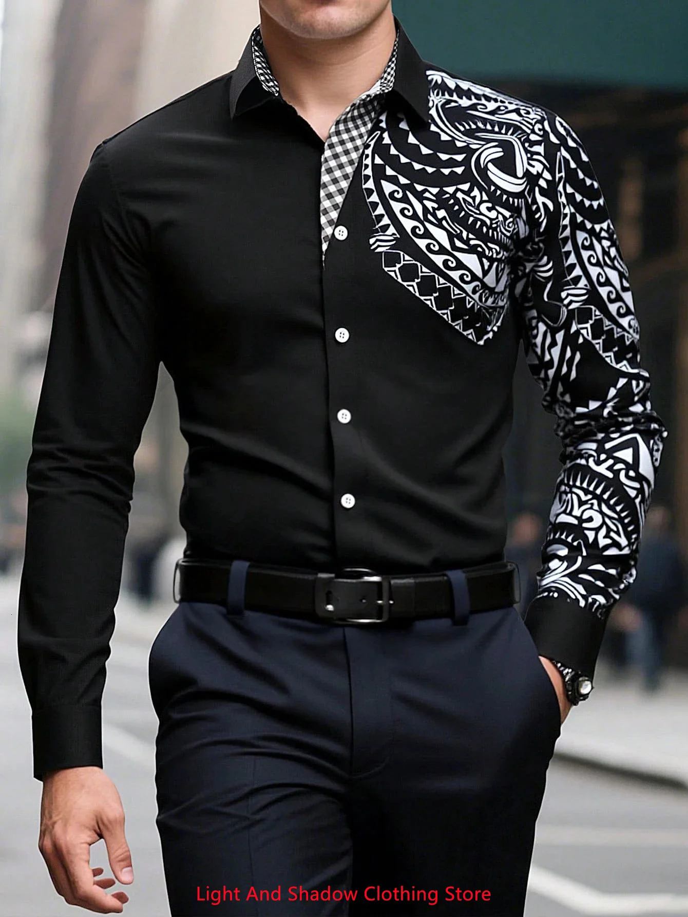 Mens single breasted retro casual long sleeved shirt with black and white patchwork pattern print n fashionable 250807