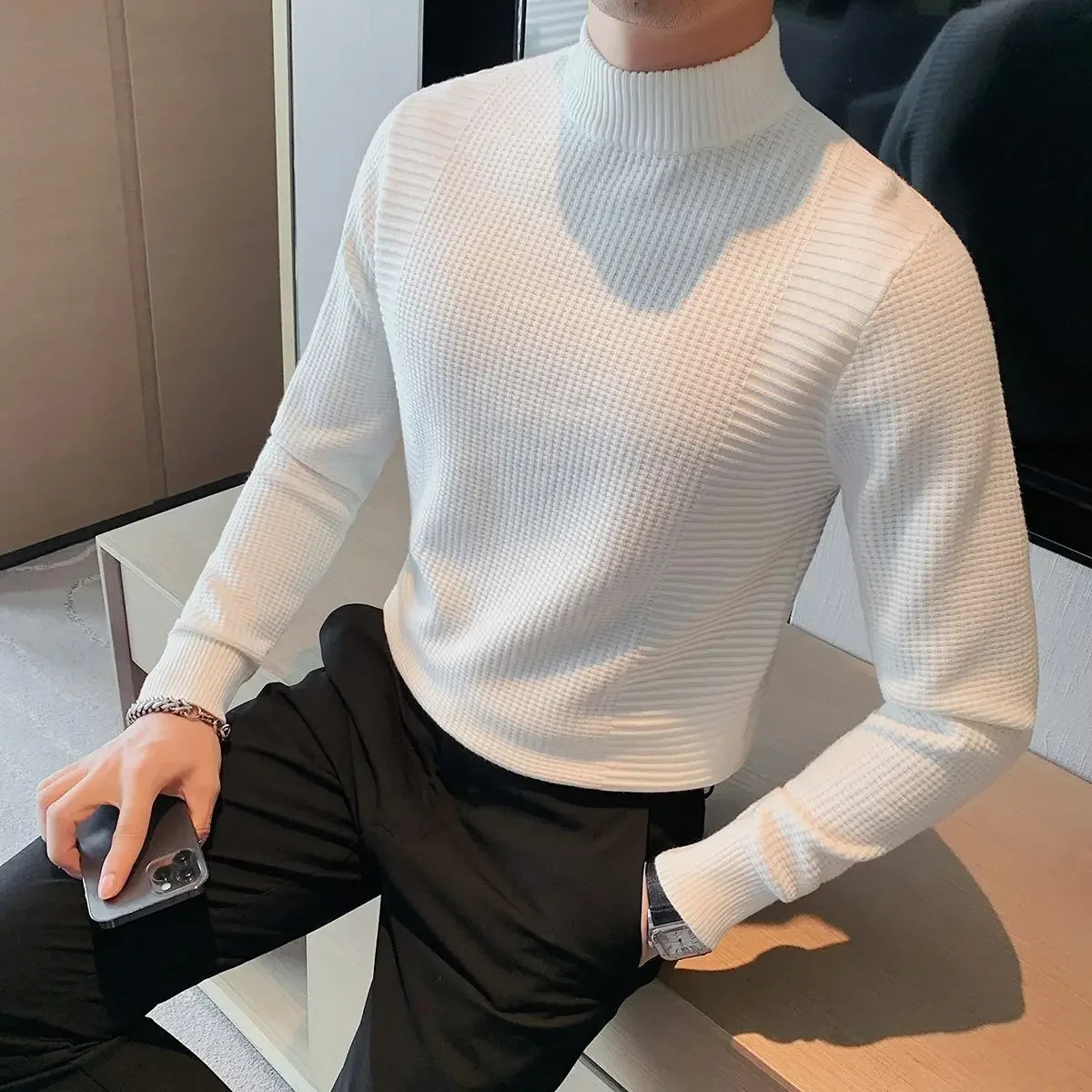 Pullovers Turtleneck White Knitted Sweaters for Men High Collar Man Clothes Business Clothing Cotton T Shirt Thick Winter Old X 250807