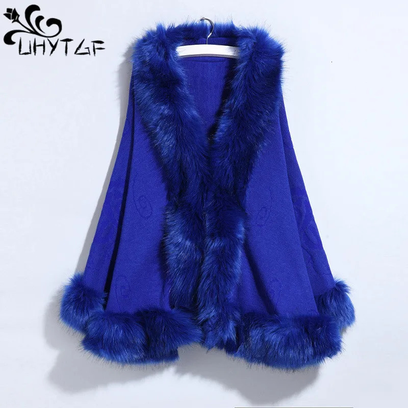 UHYTGF Winter Fur Coat Womens Fox Fur Collar Knitted Cloak Shawl Jacket Female Cardigan Ladies Cape Outerwear 2431 250801