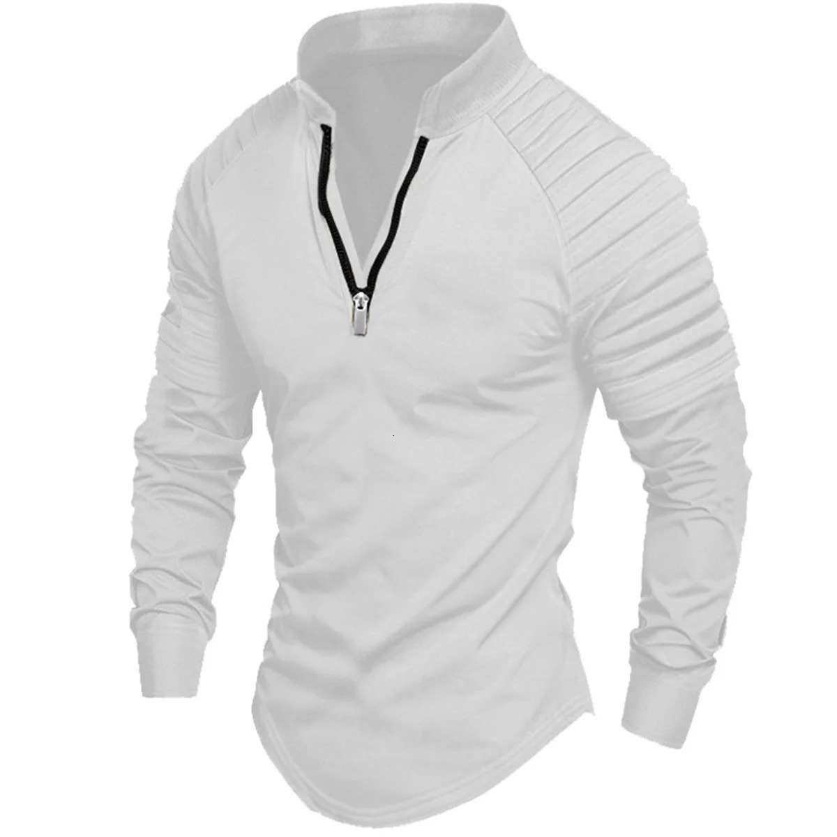 Spring and Autumn Mens Outdoor High Street Style Solid Color Zipper Arm Wrinkle Muscle Sports Long Sleeve POLO shirt 250804