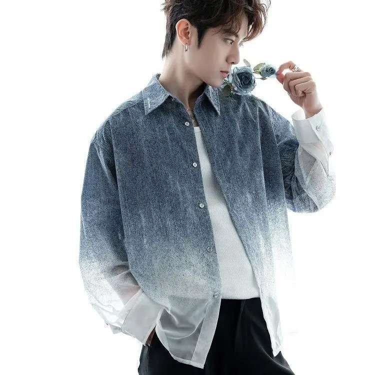Summer Sun Protection Versatile Lightweight Long Sleeve Shirt Gradient Denim Mens Fashion Trendy Loose Top 250805