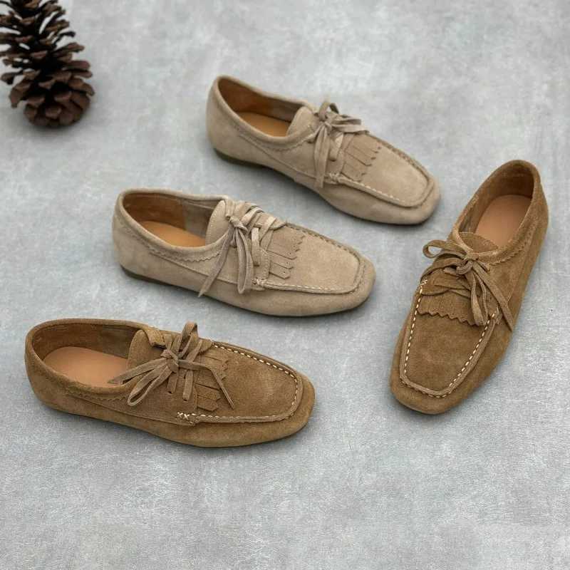 Loafers Woman Flats Frosted Cow Leather Square Toe Women Flat Shoes Lace-Up Loafers Handmade Genuine Leather Retro Shoes W250808