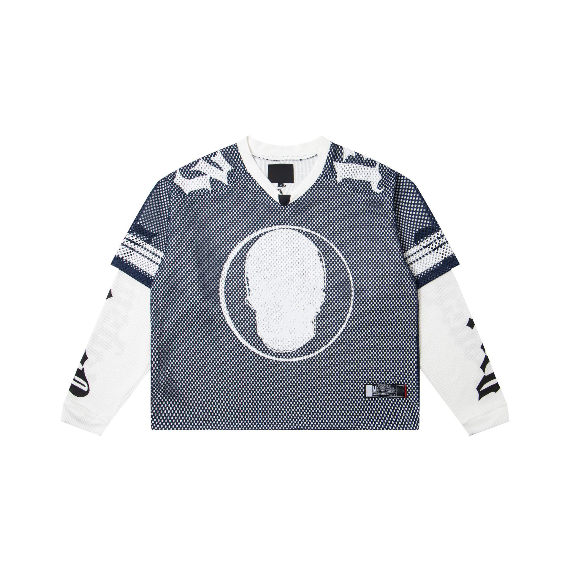Godspeeded Long Sleeve Designer Shirt Letter Skull Print Mesh Soccer Jersey Graphic Tee Vintage Hip Hop Loose Breathable Sportswear Gods Speeds Netb