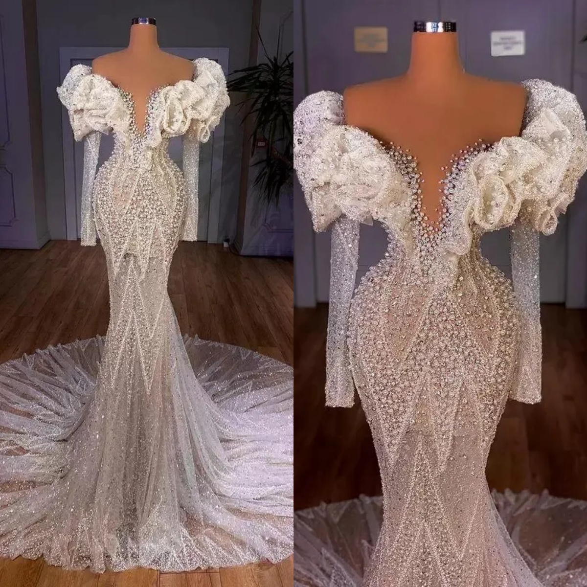 Robes Muslim Pearls Wedding Dresses Long Mermaid Beads Ivory Party Gowns Plus Size Custom Made Dubai Arabic Dress Customized Vestido de novia