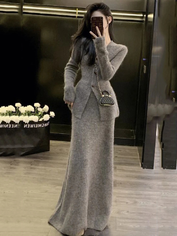 Winter Womens Knitted 2 Pieces Casual V Neck Women Coat Long Sleeve Sweater Suit Vintage Two Piece Set High Waist Skirt Women 250801