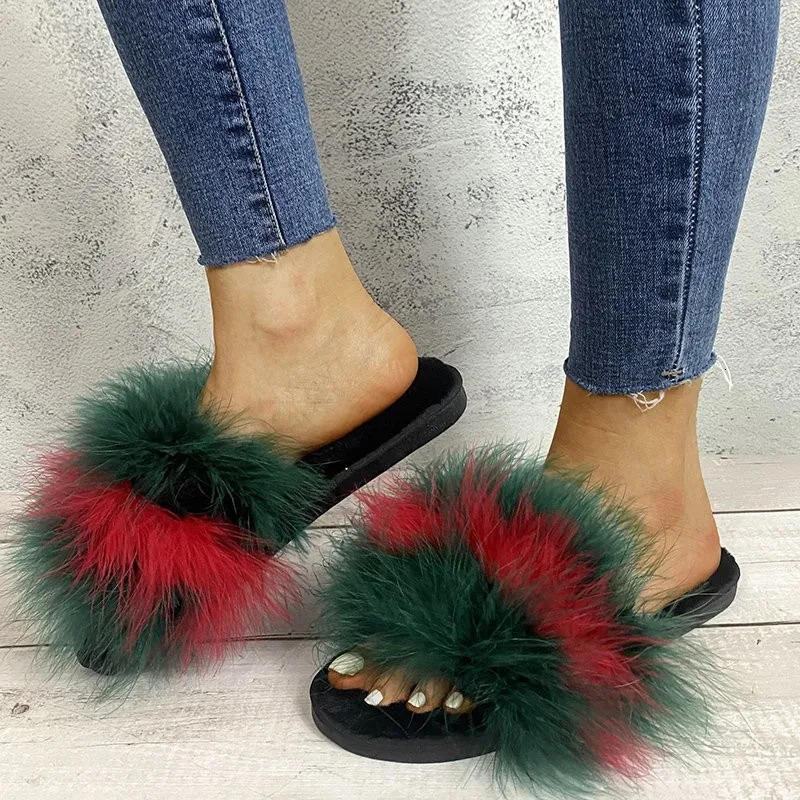 Fashion Colorful Flat Heels Soft Fur Slides Plus Size 43 Sexy Patchwork Long Plush Slippers Women Slip On Outdoor Slippers 250806