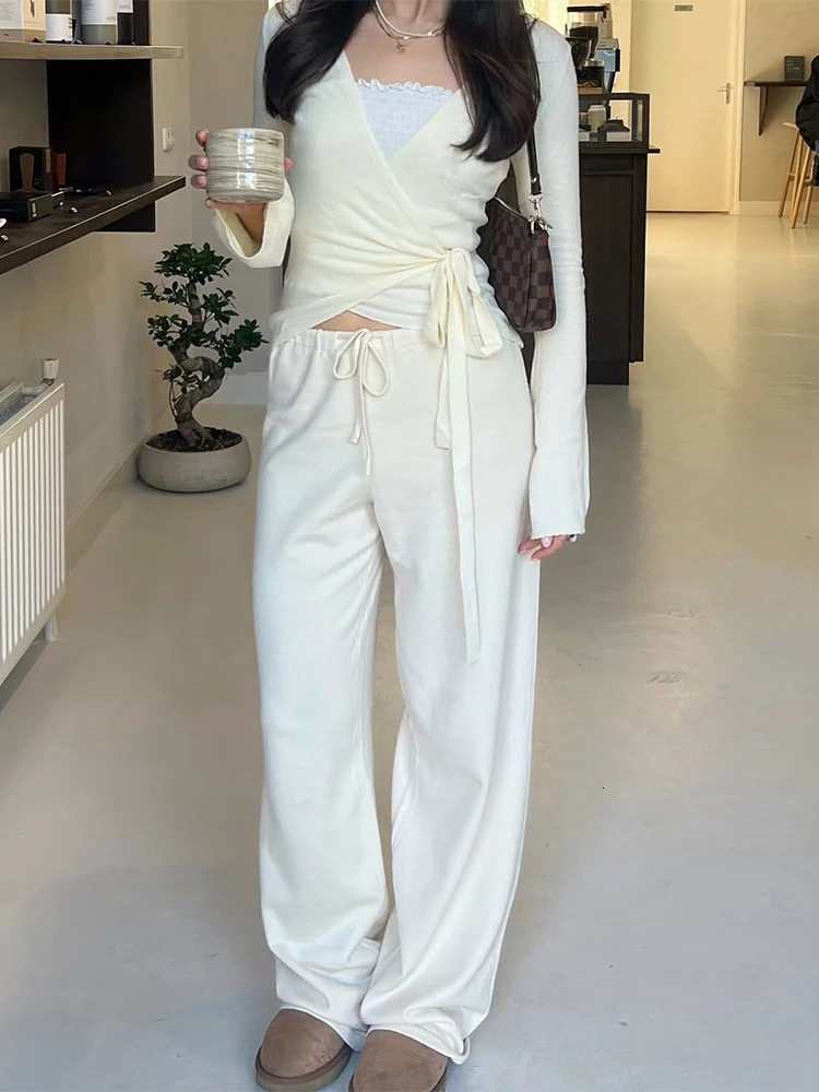 Absobe Autumn Winter Loose Pants Leisure Suit Women Flare Sleeve Crop Cardigan Top Lace-up Solid 2 Piece Set Fashion Outfit 250805