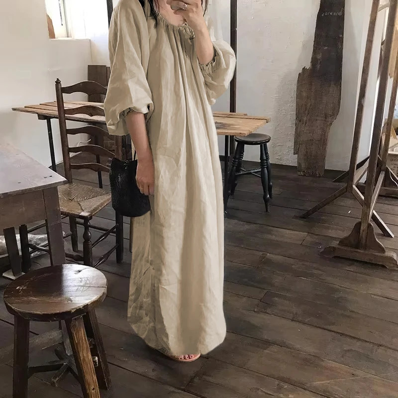2025 Spring Vintage Cotton Linen Dress for Women Solid Long Sleeve Drawstring Linen One-Piece Dress Maxi Dress 250804