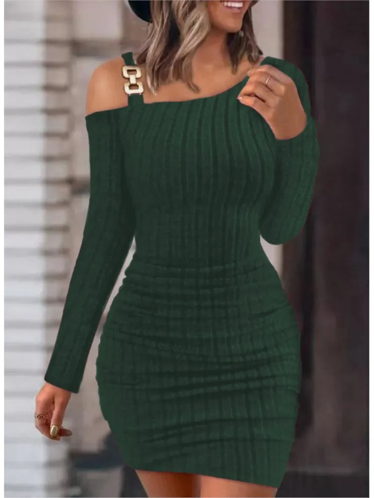 Womens Autumn Winter Solid Color Fashionable Metal Button Slanted Shoulder Tight Fitting Slim Sexy Long Sleeved Dress 250728