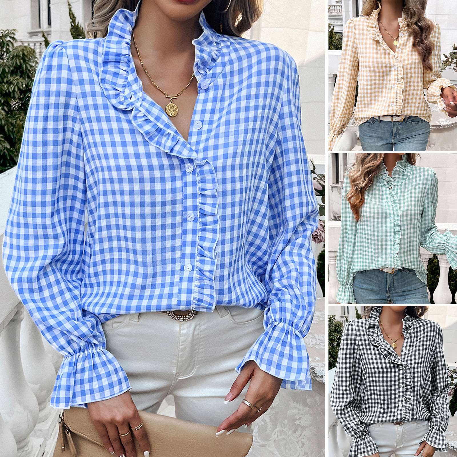 2025 Autumn Winter Women's French Style Color-Block Button Shirt