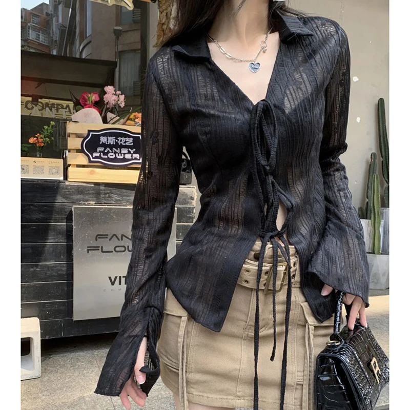 Gidyq Women Streetwear Shirts Fashion Lace Up Long Sleeve Blouse Korean Y2K Casual Female Loose Sun Protection Shirts Spring 250801