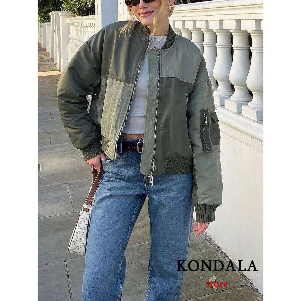 Designer Clothing 2025 KONDALA Streetwear Armygreen Bomber Women Patchwork Zipper Pockets Oversized Jackets Fashion 2025 Winter Spring Coats