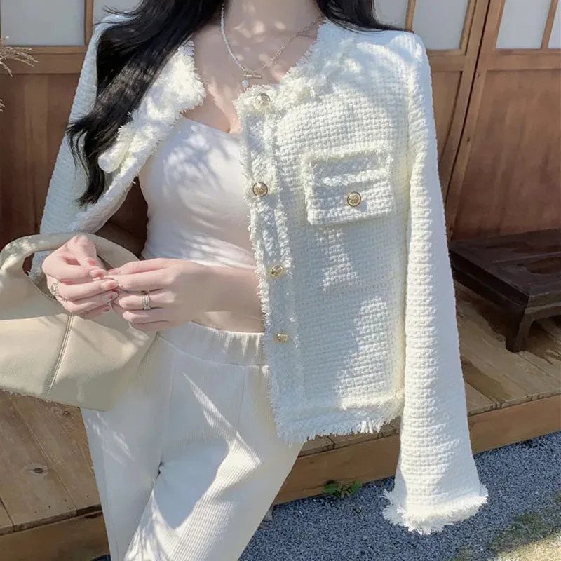 Lucyever Korean Fashion Plaid Tweed Jacket Women White Round Neck Cropped Tassel Coat Autumn Single Breasted Office Lady Outwear 250807