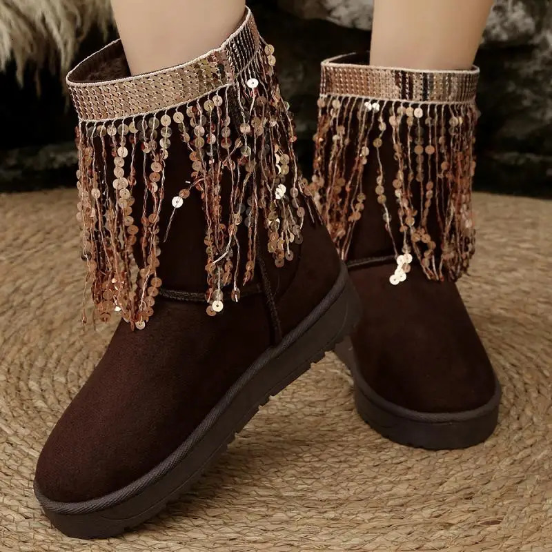 Fashion Gold Fringe Non Slip Snow Boots Women Winter Comfort Round Toe Thick Bottom Mid Calf Boots Warm Short Plush Booties 250806