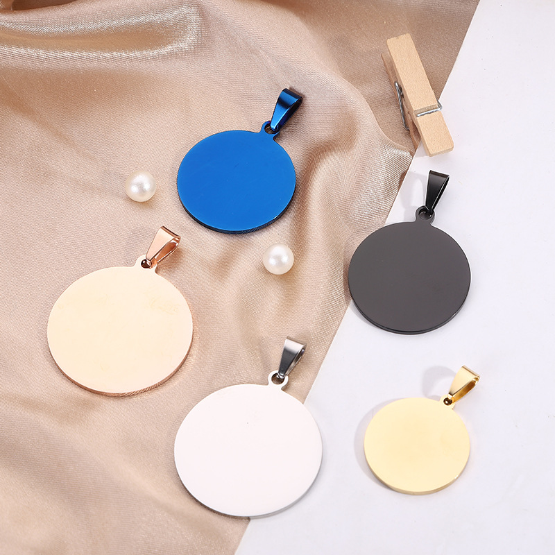 Blank Round Pendant fit Link Snake Chain Stainless Steel Dog Tags Gold Black Blue Laser Engravable Metal Pet ID Card DIY Keychain Jewelry Necklace M