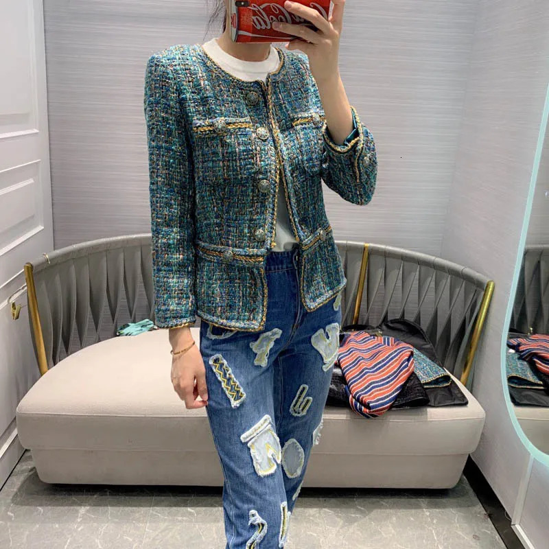 Women Tweed Jacket Autumn Blue Round Neck Long Sleeve Diamond Button Short Coat Fashion Vintage Female SXL 250807