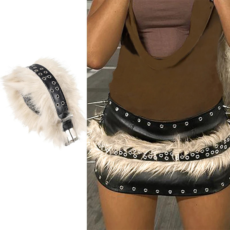 Cuteandpsycho Y2K Fashion Aesthetic PU Belts Vintage Fur Patchwork Chic Adjustable Accessories Fairycore Grunge Leather Belts 250805
