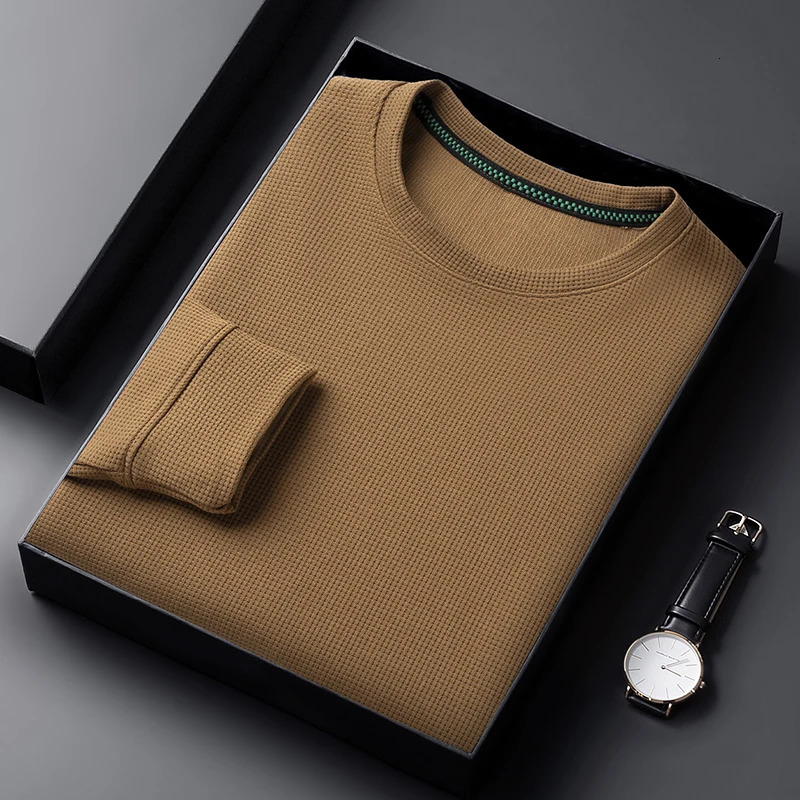 Mens Casual Waffle Round Neck T-shirt Breathable Comfortable and Fashionable Long Sleeved T-shirt 250804
