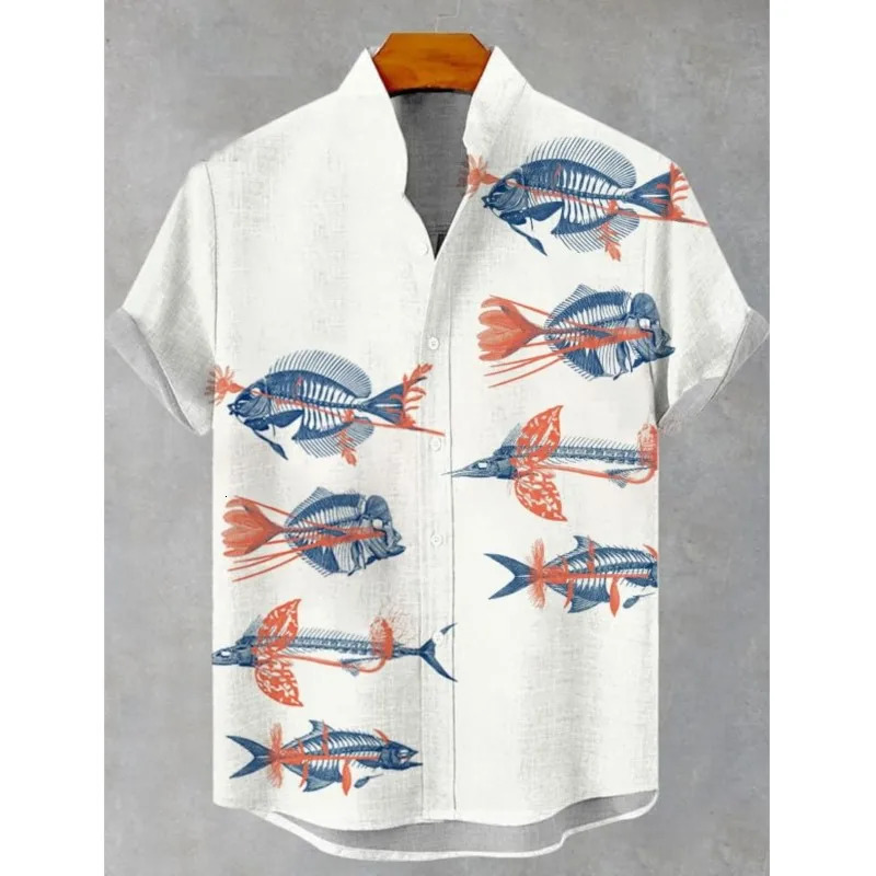 Mens Summer Casual Art Fish Pattern Printed Linen Short Sleeved Shirt Comfortable And Fashionable Button Up Top 250807