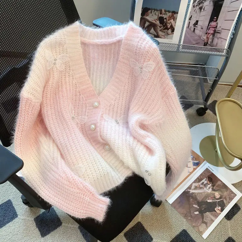 Cute Korean Chic Spring Fall Women Rainbow Cardigan V Neck Pink Blue Purple Pastel Sweater Butterfly Soft Knitted Outerwear 250807