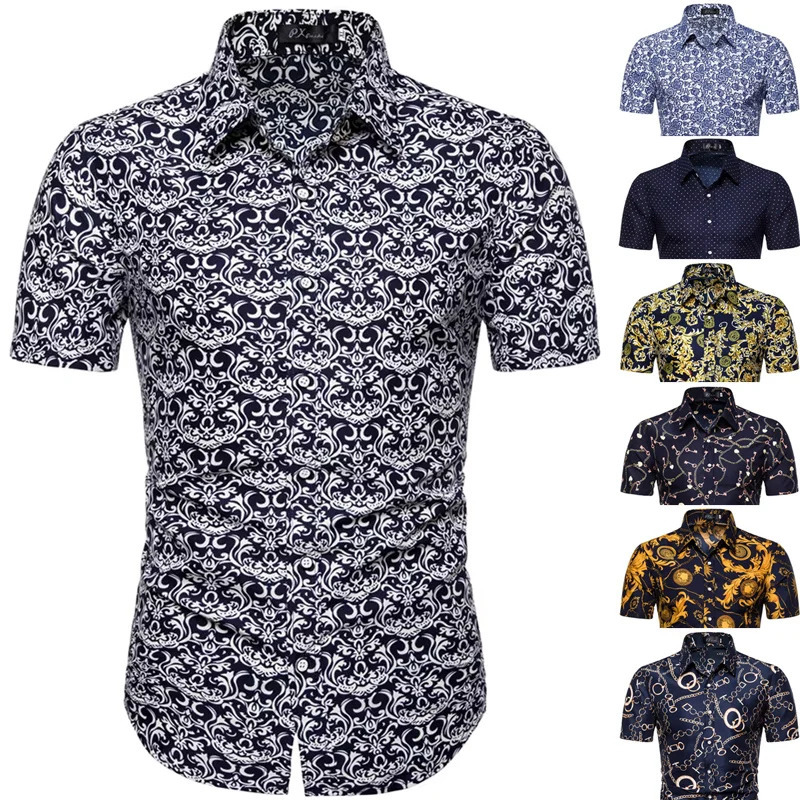 Summer Mens Short Sleeved Shirt Thin Collar Hawaiian Style Floral Vacation Series 250807