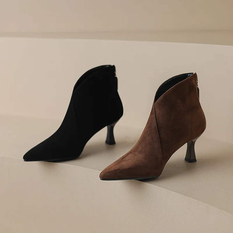 Vintage Pointed Toe Women Ankle Boots Fashion Elegant Back Zippers Short Booties Autumn Winter Ladies Concise High Heels Shoes 250806