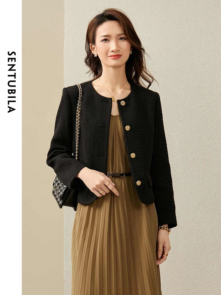 SENTUBILA Black Cropped Tweed Jacket for Women Spring Single Breasted Fashion Korean Style Short Coats Outerwears 123W42756 250807