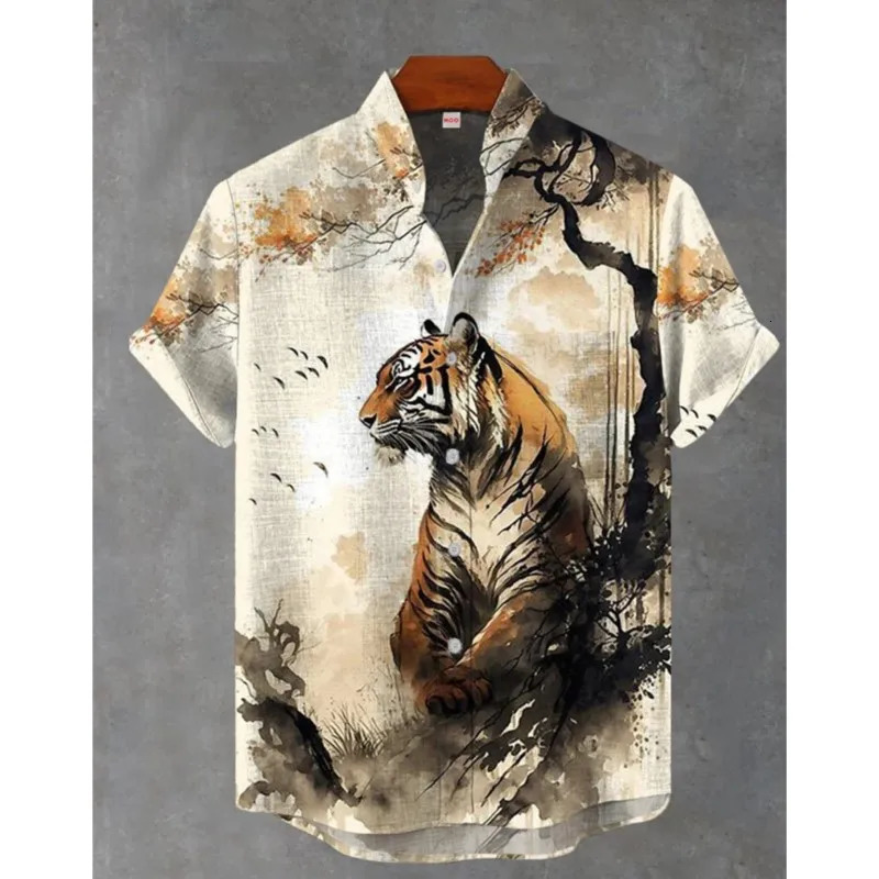 Mens Linen Short Sleeved Tiger Shirt With Summer Casual Octopus Pattern Print Fashionable Clothing Camisa Hombre Top 250807
