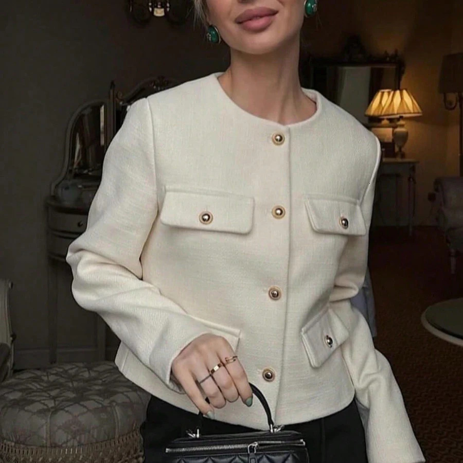 Women White Short Jacket Fashion Autumn Round Neck Cropped Tweed Long Sleeve Elegant Lady Coat Outerwear 250807