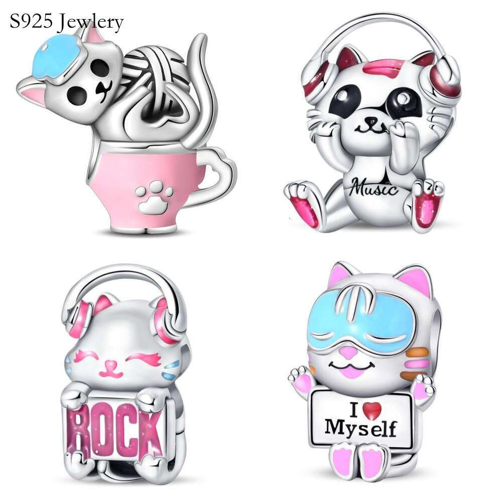 2025 NEW 925 Sterling silver Charms Cat Series Rock Music Cat Bead DIY Jewelry Accessories Fit Snake Bead Bracelet For women jewelry gift