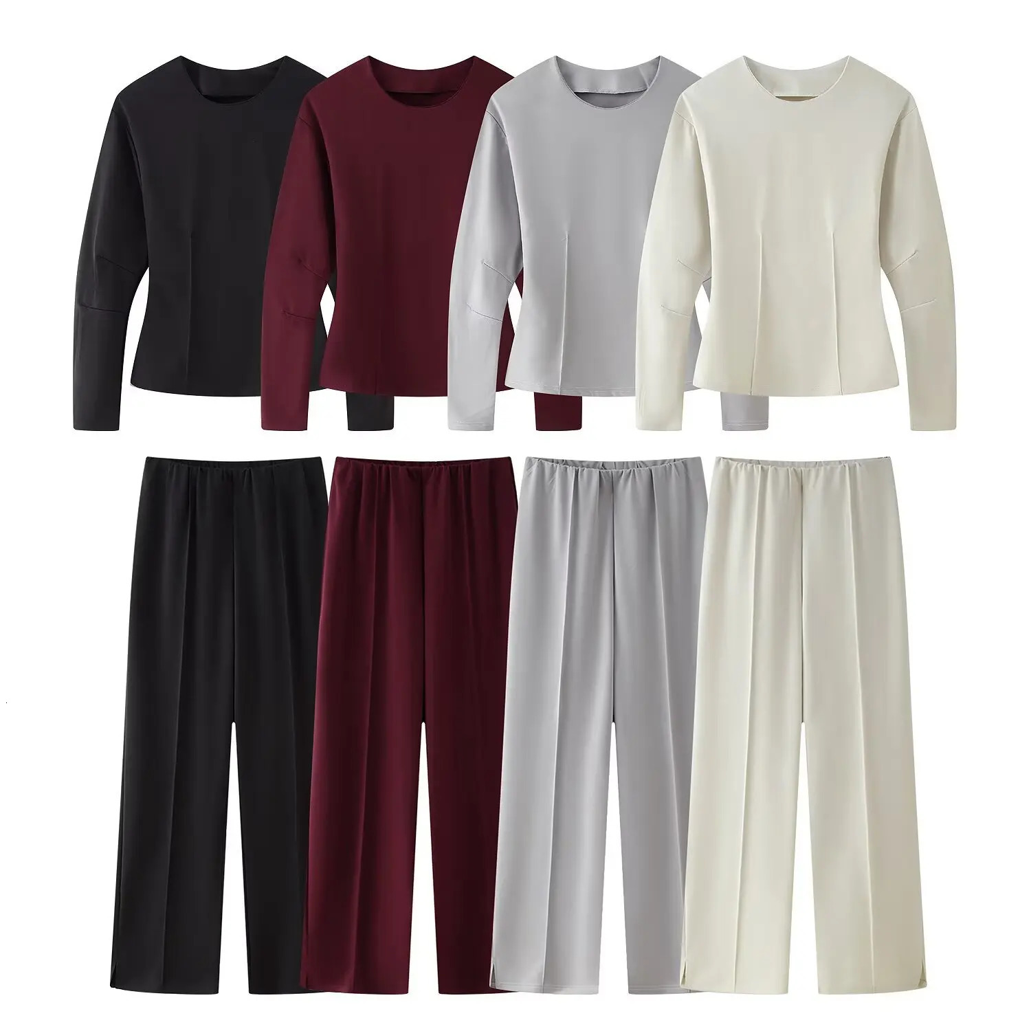 Spring Womens Two Piece Pant Set Fashion Long Sleeve O-neck Pleated Top Double-Sided Fabric Office Top Casual Pants 250801