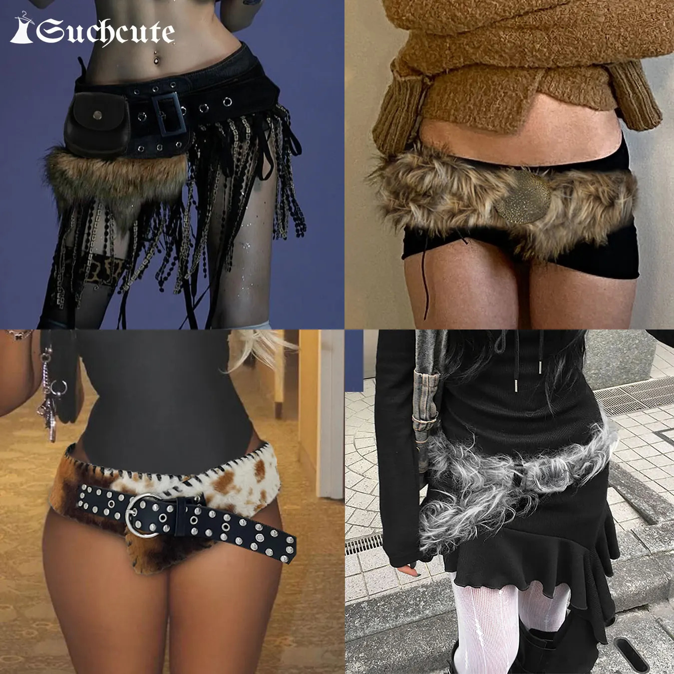 SUCHCUTE Vintage Faux Fur Patchwork Pu Leather Belt Punk Western Cowboy Accessories Y2K Womens Waistband Retro 2000s Decorative 250805