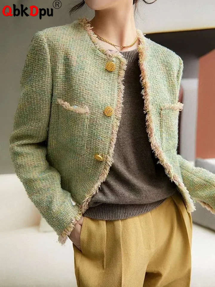 Korean Fashion Tweed Jackets Tops Women Casual O-neck Single Breasted Abrigos Spring Fall Elegant Long Sleeve Manteau Blusas 250801
