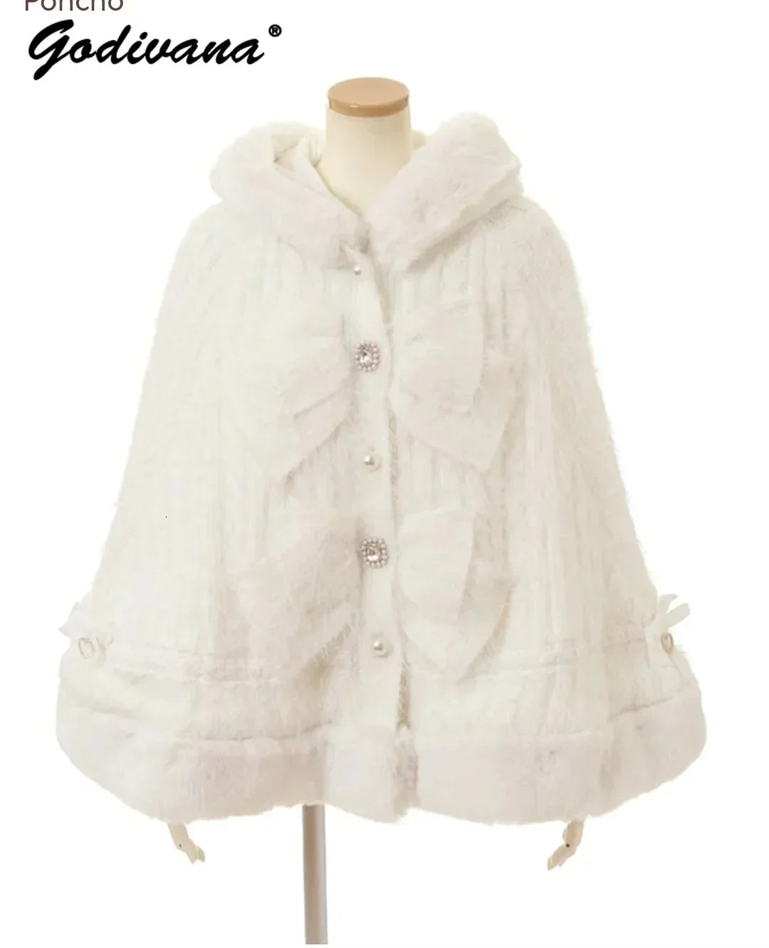 Japanese Sweet Soft Thick Womens Double-Layer Big Ribbon Hooded Knitted Cloak 3 Colors Autumn and Winter Ponchos Warm Jacket 250801