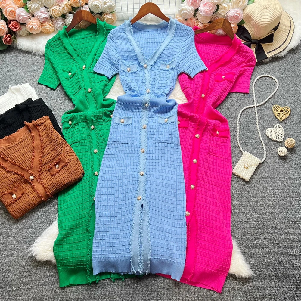 YuooMuoo Chic Fashion Sexy Package Hips Knitted Dress Women V-neck Single-breasted Bodycon Sweater Dress Office Lady Vestidos 250801
