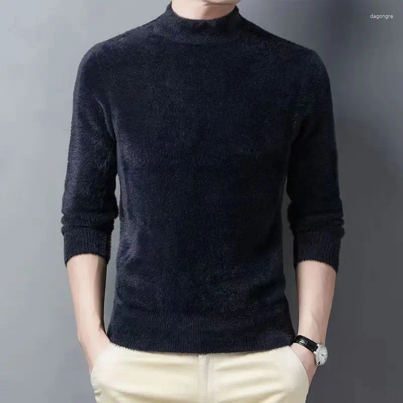 Men's Sweaters Solid Half High Collar Sweater Men Winter Youth Imitation Fleece Thicken Thermal Full Sleeve Casual Knitting Tops