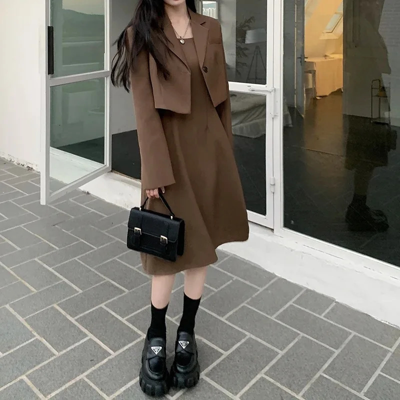 Insozkdg Suit Dress Women Autumn Vintage Casual Blazer Suit Slip Dress Set Black Blazer Jacket Dress Two-Piece Set Outifit Women 250801