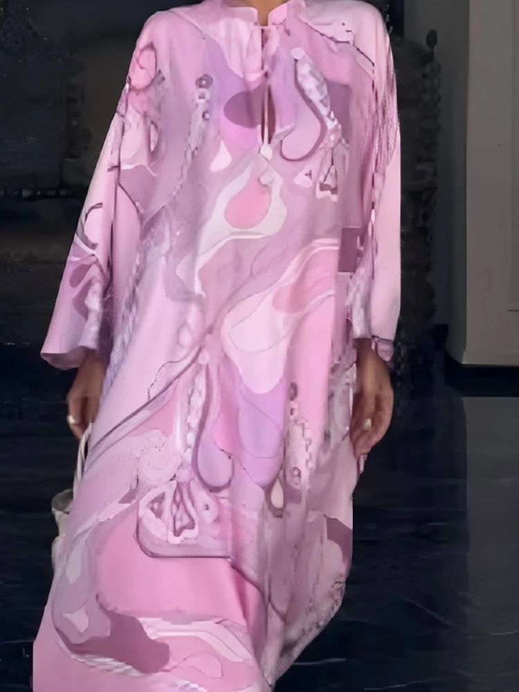 Autumn Long Sleeved Loose Party Dress Elegant Lace Up Swing Bohemian Dresses Pink Pattern Printed Oneck Fashion Vestidos 250807