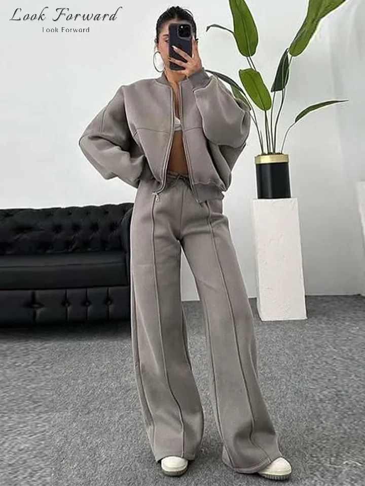 Casual Sweatshirt Pants Set Women Spring Autumn Zippers O-neck Jacket Loose Lace-up Elastic Waist Trousers Suits Lady Solid 250801