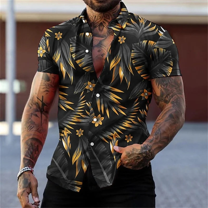 Mens black and gold flower shirts Summer plant print lapel shirt Hawaiian style beach short sleeved button up 250807