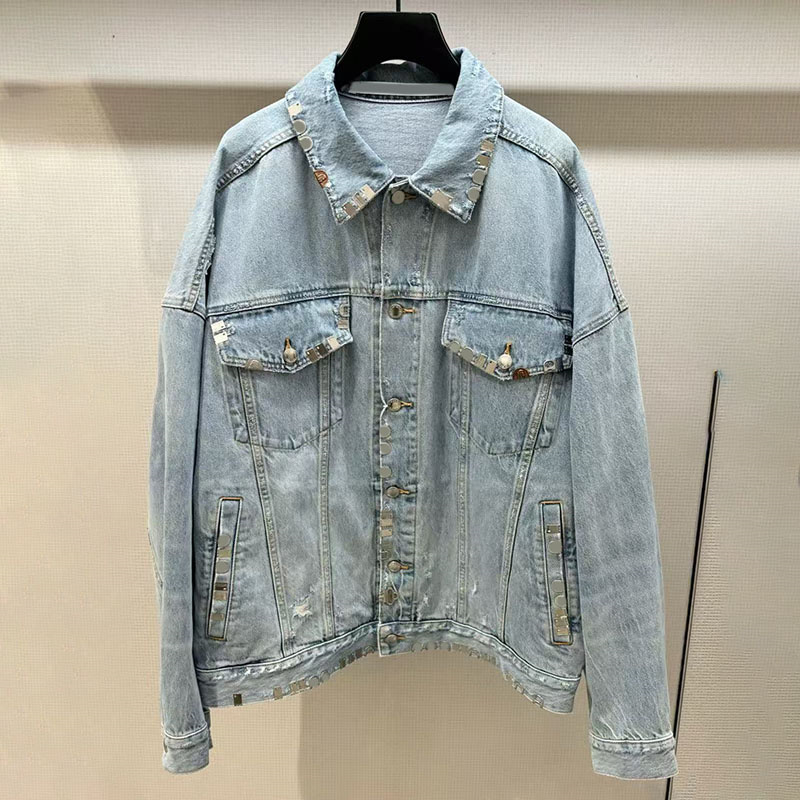 Designer Ripped Denim Jacket Women Oversized Buttons Jackets Unisex Street Style Hip Hop Metal Decorated Jean Coat