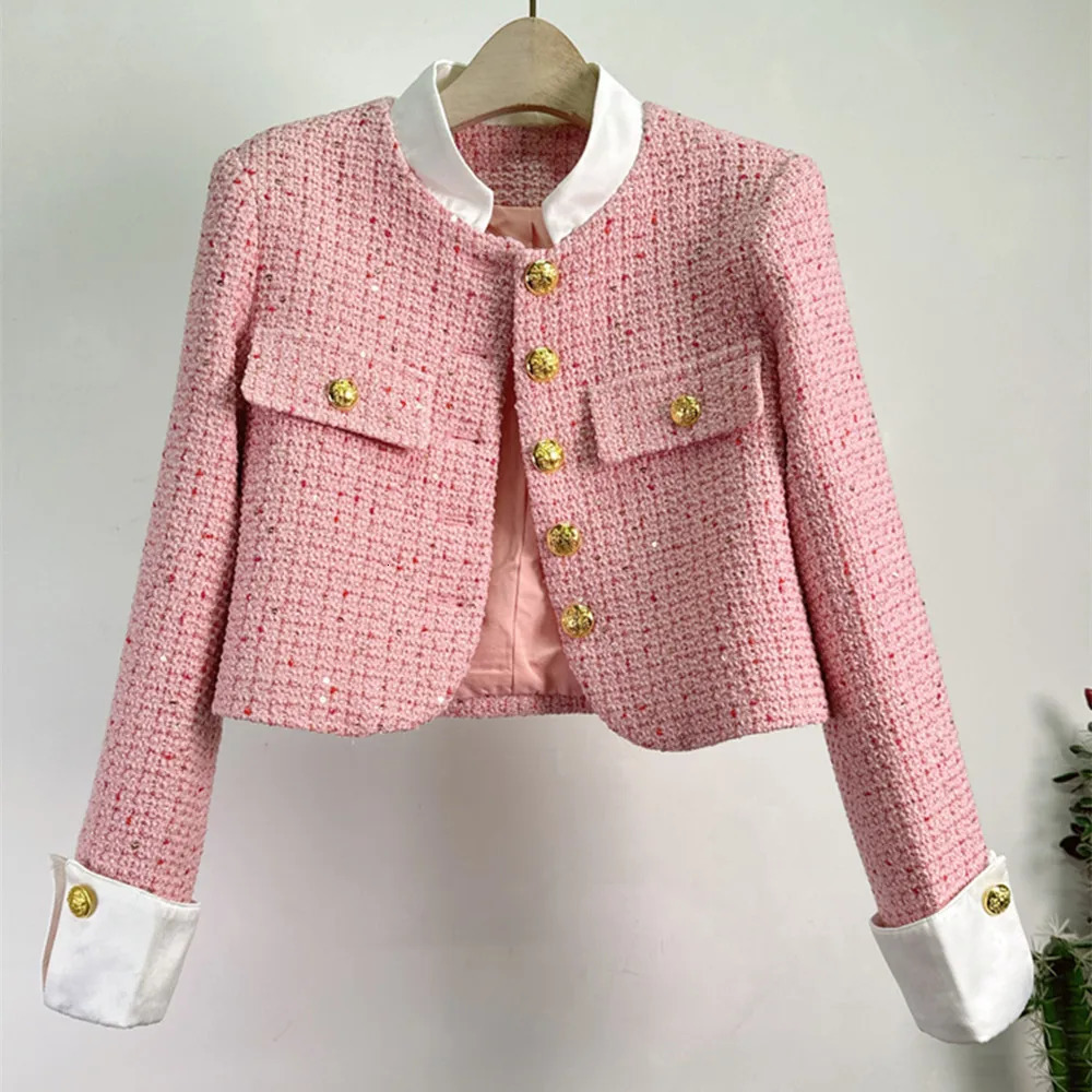 Spring Fashion Korean Chic Vintage Tweed Jacket Coat Women Contrast Color Cropped Jackets Elegant Office Lady Outerwear 250807