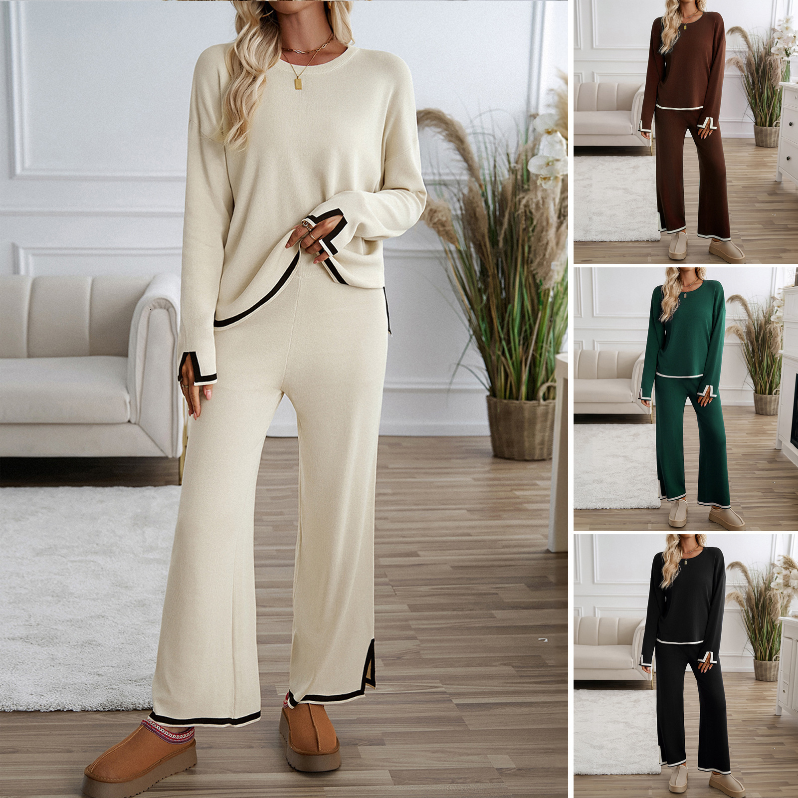 Women's Clothing 2025 Elegant Casual Solid Color Knitted Long Sleeve Sweater and Pants Set