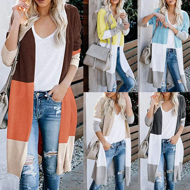 Autumn/Winter Womens Knitted Cardigan Long Color Blocking Sweater Jacket For Outerwear Opening Iris Patchwork 250801