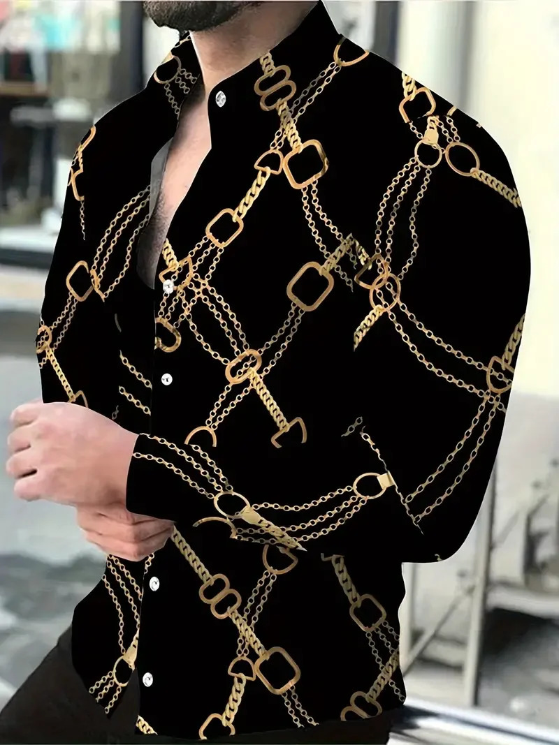 Mens gold chain printed casual shirt button style long sleeved spring versatile lapel ious fashion for 250731