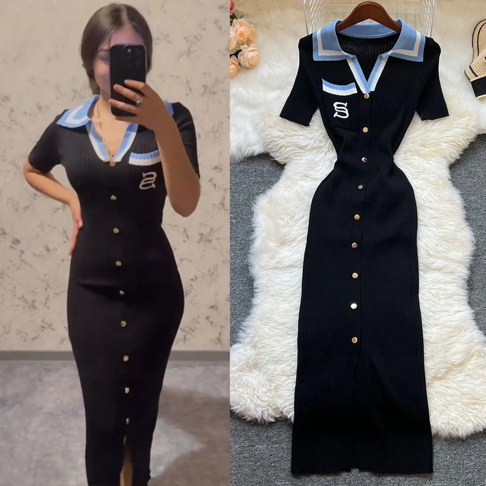 YuooMuoo Fashion Summer Knitted Dress Women Y2K Embroidery Long Bodycon Sweater Dress Streetwear Lady Vestidos 250801