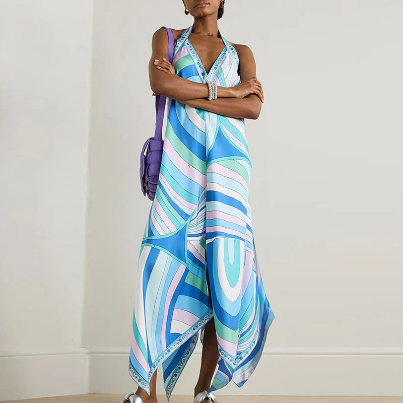 Blue Pattern Printed Backless Summer Dress Fashion V Neck Hollow Out Sleeveless Holiday Irregular Hem Loose Womens 250807